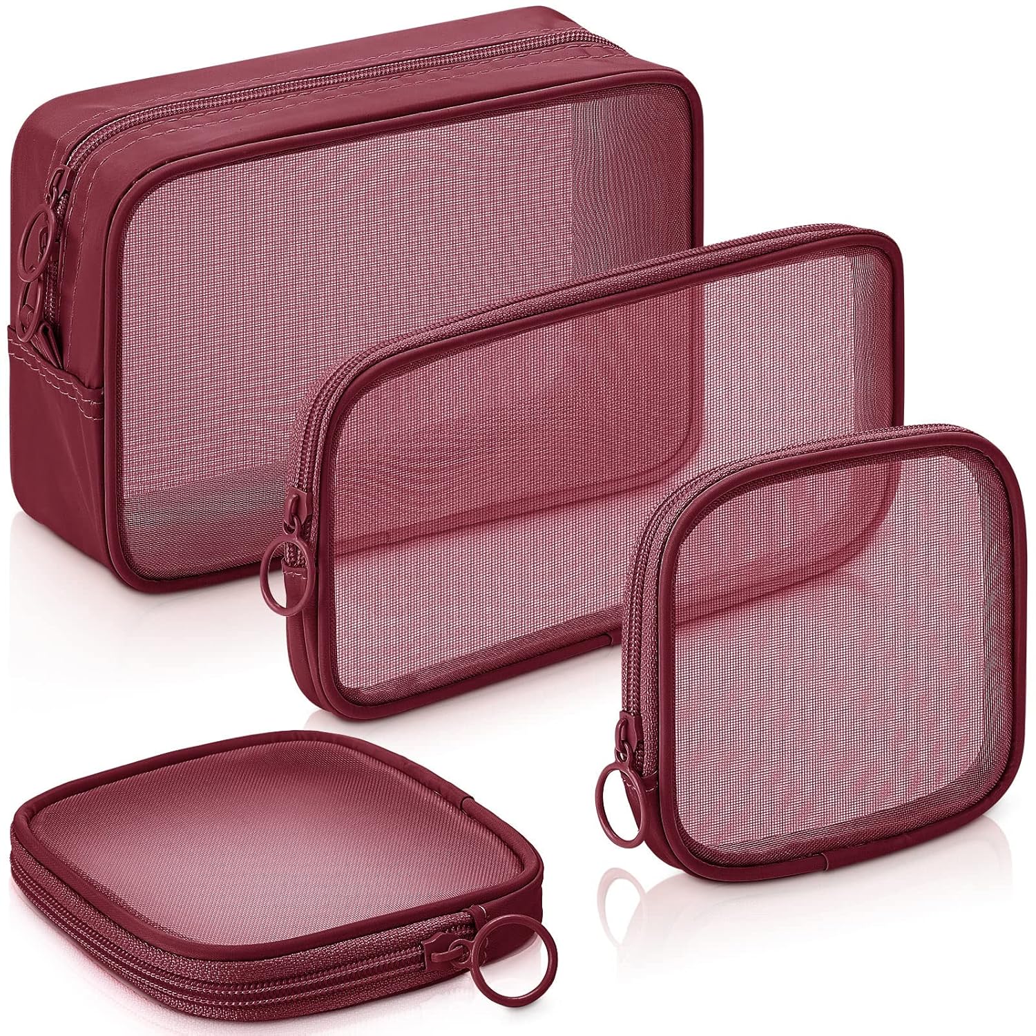 Buy now Weewooday 4 Pcs Mesh Makeup Bag Mesh Cosmetic Bag Travel Toiletry Pouch with Zipper Mini Makeup Cosmetic Purse for Daily Accessory(Small,Black) Small, Large, Medium Wine Red, at indiglob india