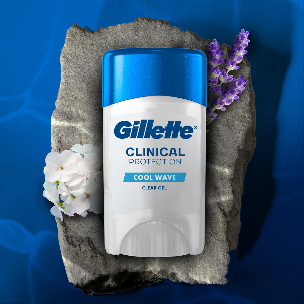 Buy now Gillette Clinical Antiperspirant and Deodorant for Men, 72hr Sweat & Odor Protection, Long Lasting Freshness, Anti-White Mark Technology, Clear Gel, Cool Wave Scent, 2.6 oz at indiglob india