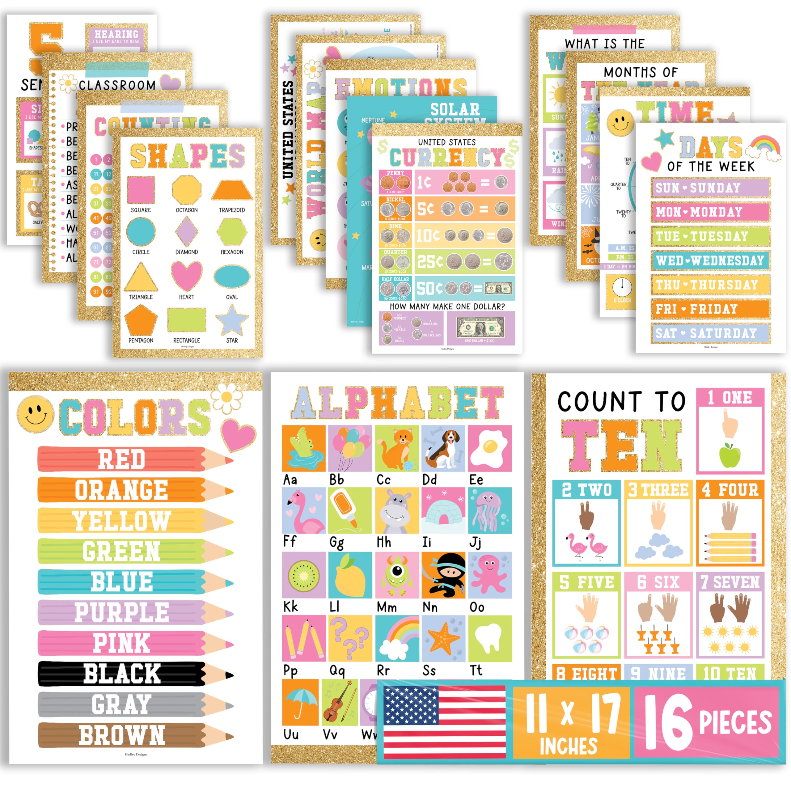 Buy now Hadley Designs 16 Educational Posters for Classroom Decor - Colorful Educational Posters for Toddlers 1-3, Toddler Learning Poster for Kids Ages 3-5, Kindergarten & Preschool Classroom Must Haves Varsity Letter at indiglob india