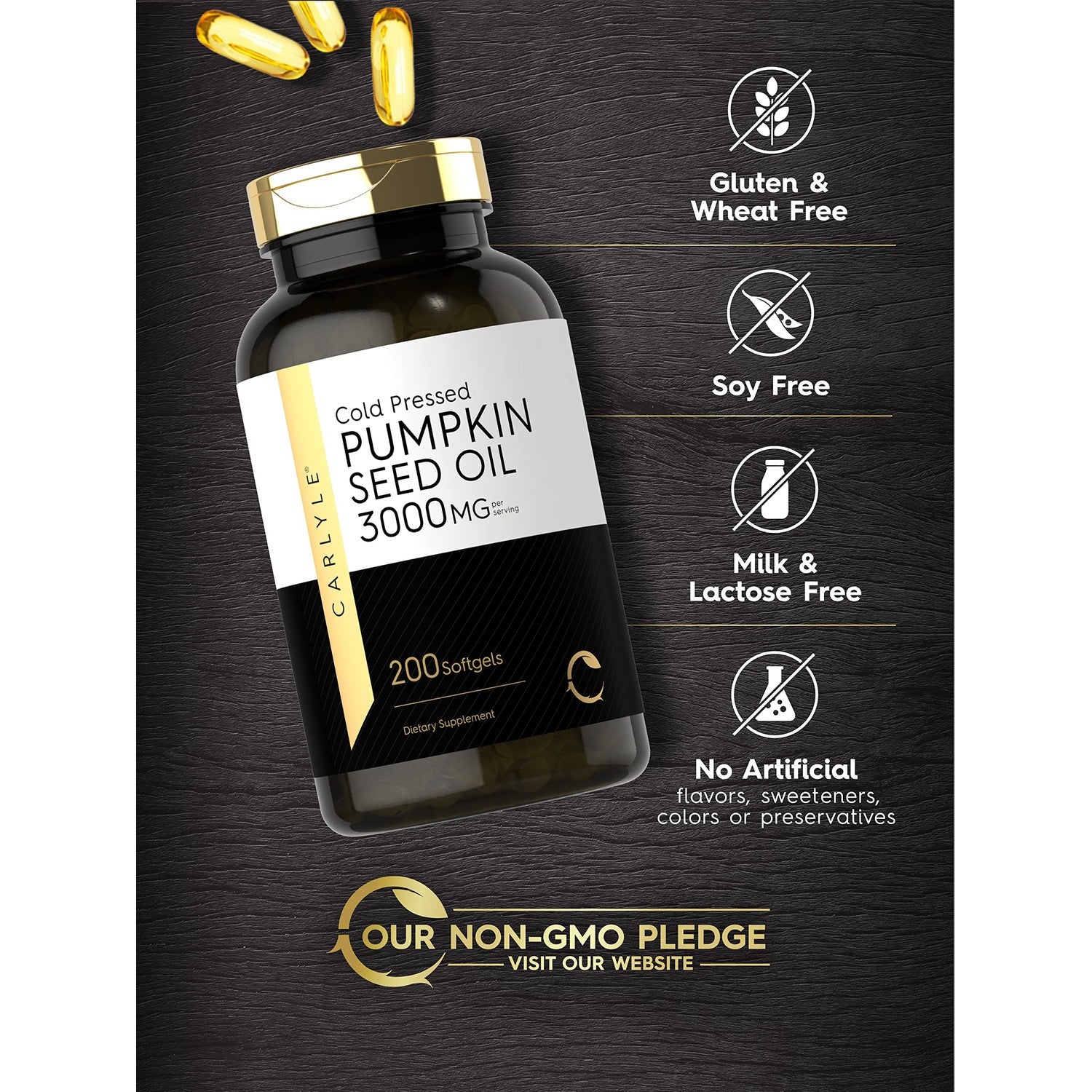 Carlyle Pumpkin Seed Oil Capsules | 3000mg | 200 Softgels | Essential Fatty Acids | Cold Pressed Dietary Supplement | Non-GMO and Gluten Free Formula