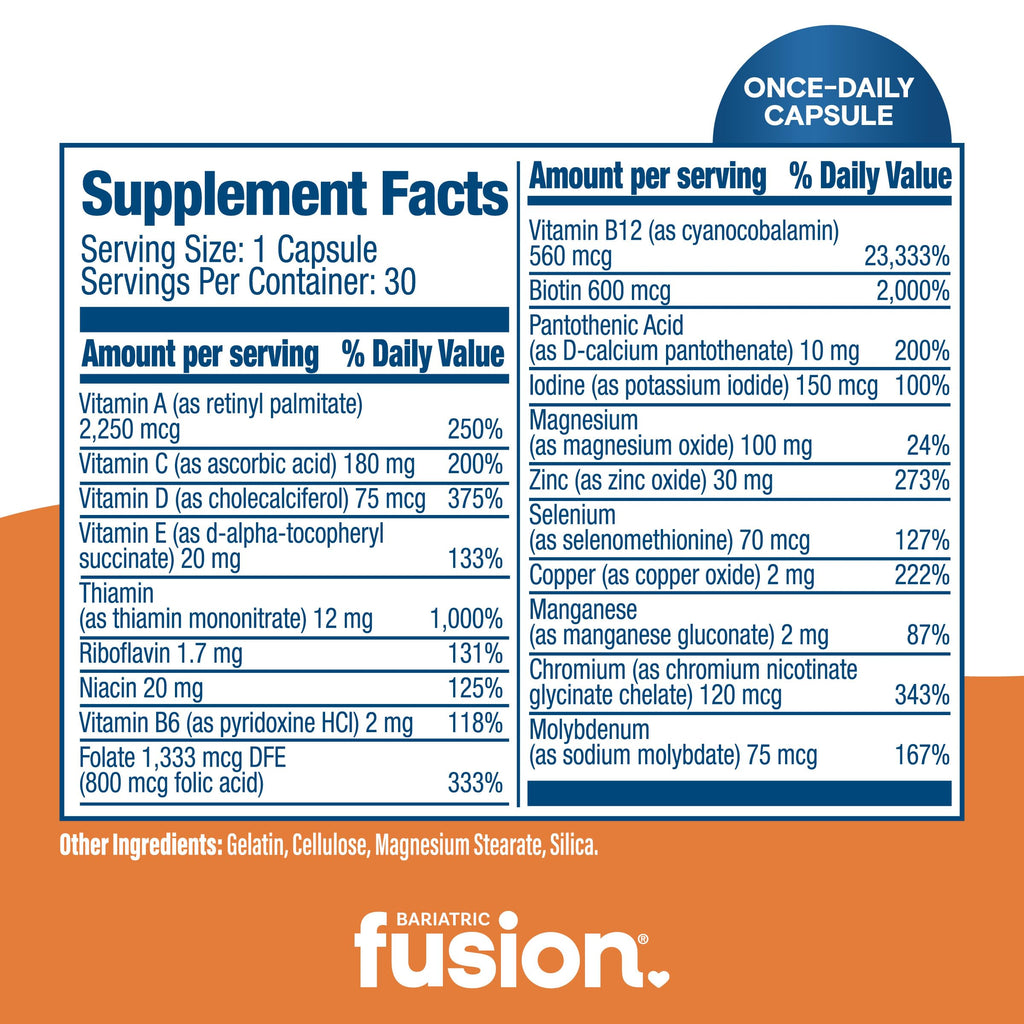 Bariatric Fusion Bariatric Multivitamin Without Iron | 1 Per Day | Post Surgery Patients | Iron Free Vitamin for Gastric Bypass and Sleeve Gastrectomy | Easy to Swallow Capsules | One Month Supply