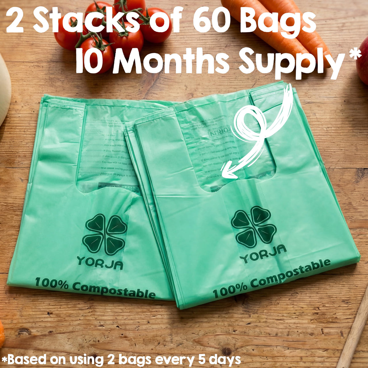 1.6 Gallon Tie Handles Compost Trash Bags 120 Food Scrap Bags, Compostable Kitchen Waste Bags with Europe EN13432 & ASTM D6400 Certified