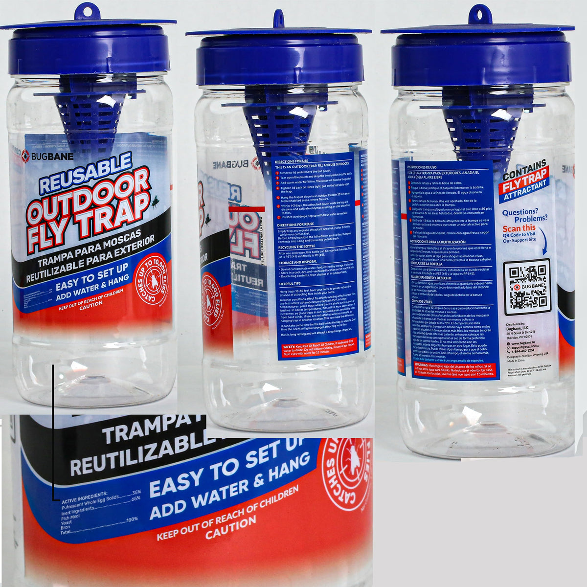 2 Fly Traps Outdoor Fly Trap for Patio with 4 Non-Toxic Dissolvable Bait Refills and 12 Sticky Ribbons. Reusable Hanging Bug Catcher Killer for All Filth Flies for Outside Bug Control Yard Ranch