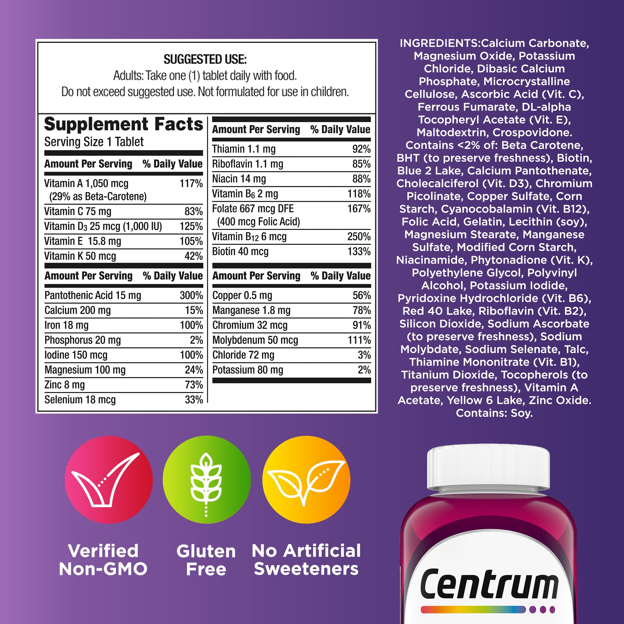 Centrum Multivitamin for Women 18 and Over, 250 Tablets | Contains Vitamin D3, B Vitamins and Antioxidant Vitamins C and E, Gluten Free, Non-GMO Ingredients, GLP-1 Support