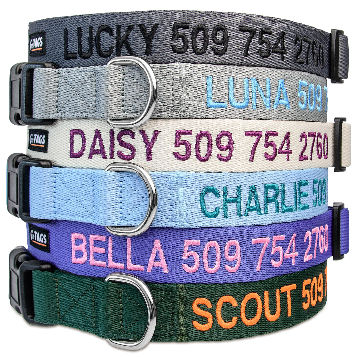 GoTags Personalized Dog Collar, Custom Embroidered with Pet Name and Number