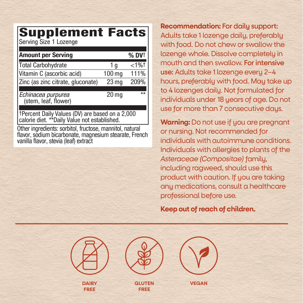 Nature's Way Zinc Lozenges with Vitamin C & Echinacea, Wild Berry, 60 ct | Zinc Supplements for Men and Women, Convenient Lozenge Supports Immune Health and Function*, Vegan, Wild Berry Flavored