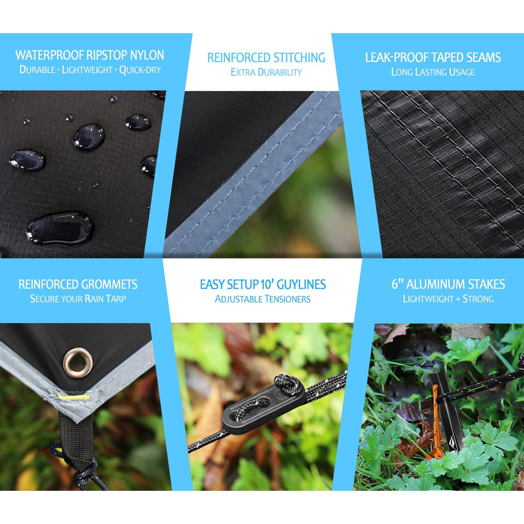 Waterproof Hammock Rain Fly [12ft x 9ft] - Portable Large Camping Tarp - Premium Lightweight Ripstop Nylon Cover - Fast Set Up + Accessories - A Camping Gear Essential! 12x9 ft HEX Shape