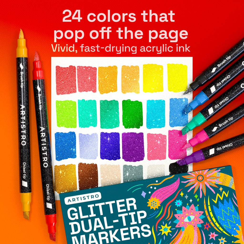 ARTISTRO 24 Sparkly Glitter Dual-Tip Paint Pens – Dazzling Markers with Acrylic Ink for Rock, Ceramic, Wood, Fabric, & More – Brush + Chisel Tips
