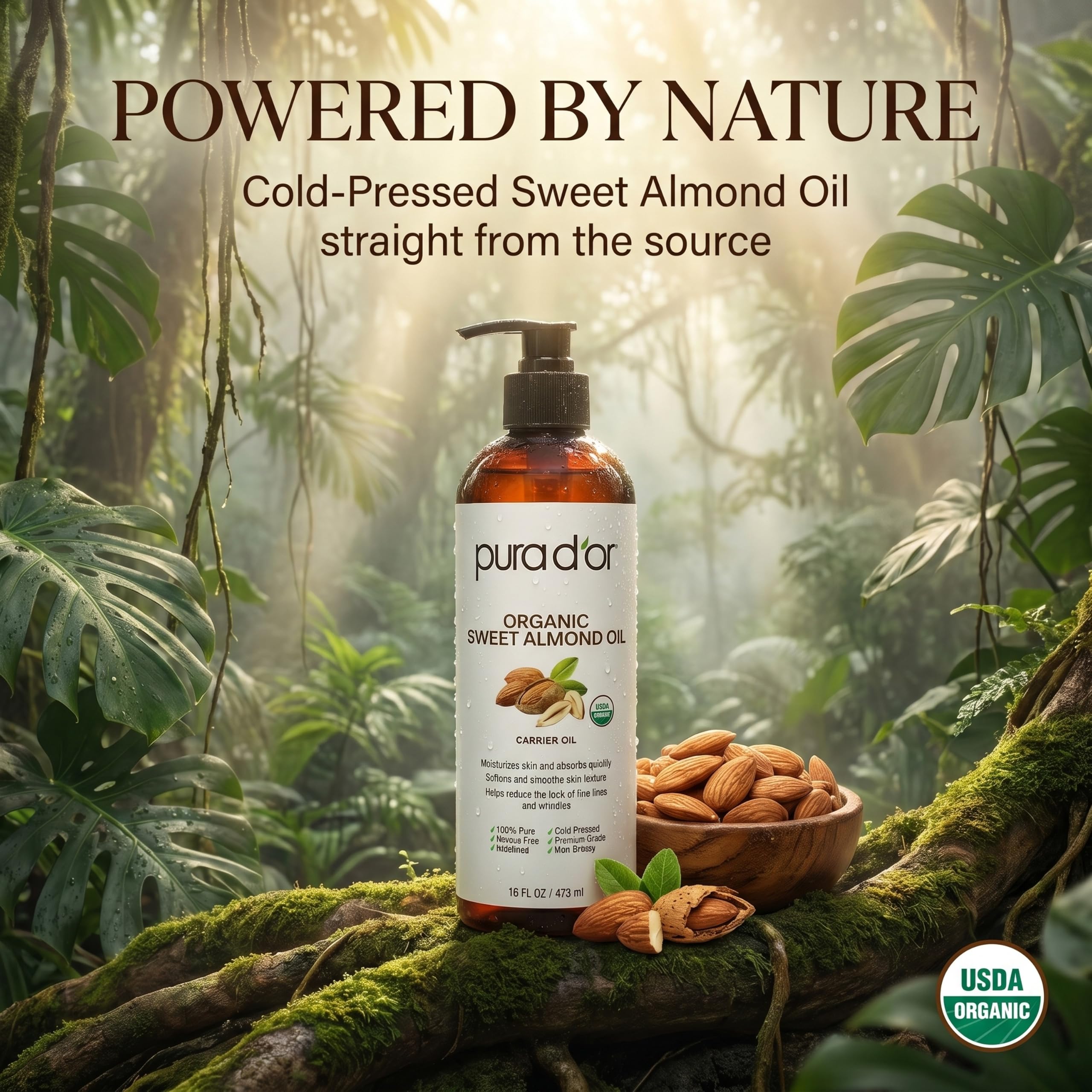 PURA D'OR ORGANIC Sweet Almond Oil, Pure Carrier Oil for Hair & Skin, 16 Oz | Moisturizes dry skin & softens strands; fast-absorbing, non-greasy feel for DIY beauty, massage & bath blends; USDA Certified