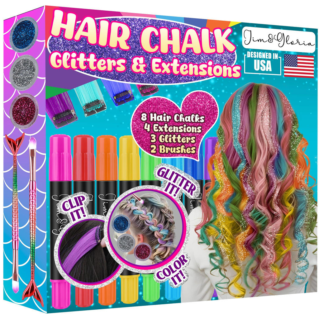 Jim&Gloria Dustless Hair Chalk for Girls Washable with Clip in Hair Extensions, Brushes and Glitters, Temporary Color Dye, Gifts for Teen Girl Trendy Stuff, Teenage 7 8 9 10 11 12 13 14 Year Old