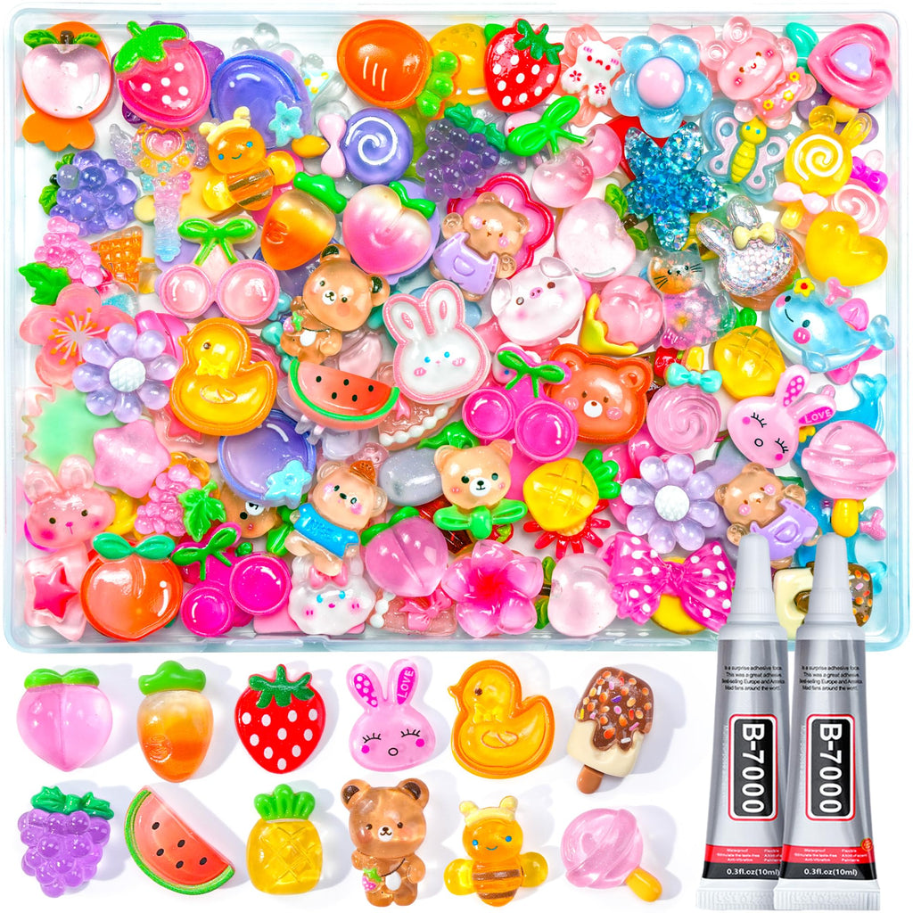 100PCS Flatback Resin Charms Kit with 2PCS Glue Cute Fruit Flower Assorted
