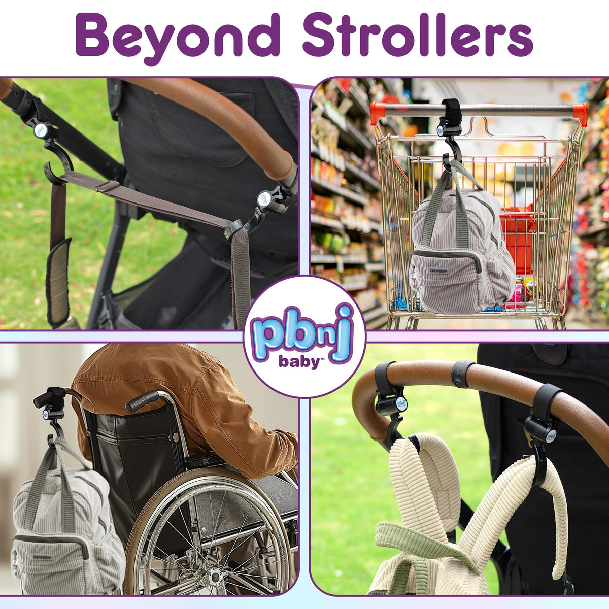 PBnJ Baby Stroller Hooks for Diaper Bags, Purses and Travel, 2 Pack