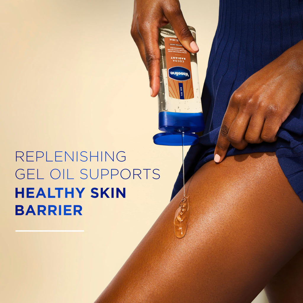 Vaseline Intensive Care Cocoa Radiant for Glowing Skin Body Gel Oil Made with Pure Cocoa Butter + Replenishing Oils 6.8 fl oz | Body moisturizer for dry skin, with 100% Pure Cocoa Butter & Replenishing Oils for a healthy glow, Intensive Care