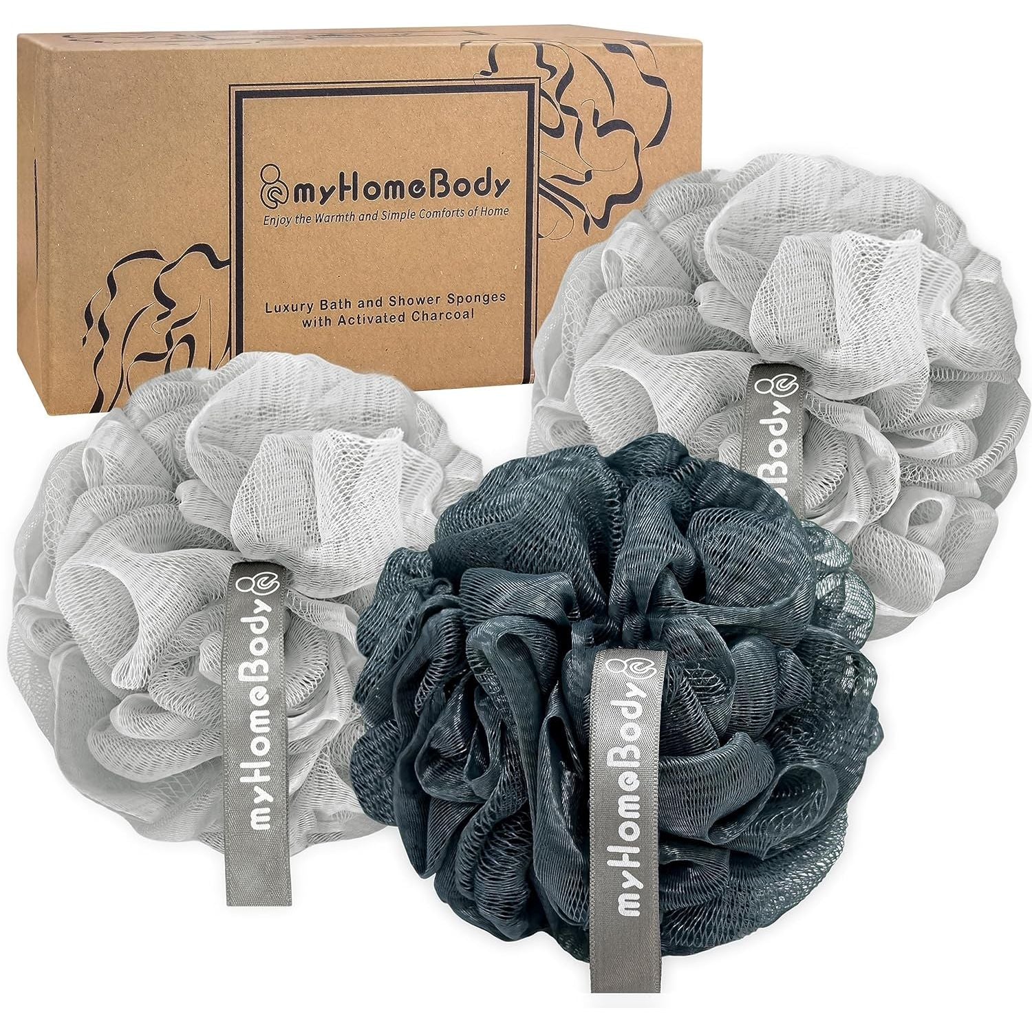 Buy now myHomeBody Large 70g Loofah Sponge, Bath Body Scrubber for Women, Men, Exfoliating Shower Pouf with Activated Charcoal - 2 Graphite Gray + 1 Sage Green, 3 Pack 60g - 2 Fog Gray + 1 Midnight Blue at indiglob india