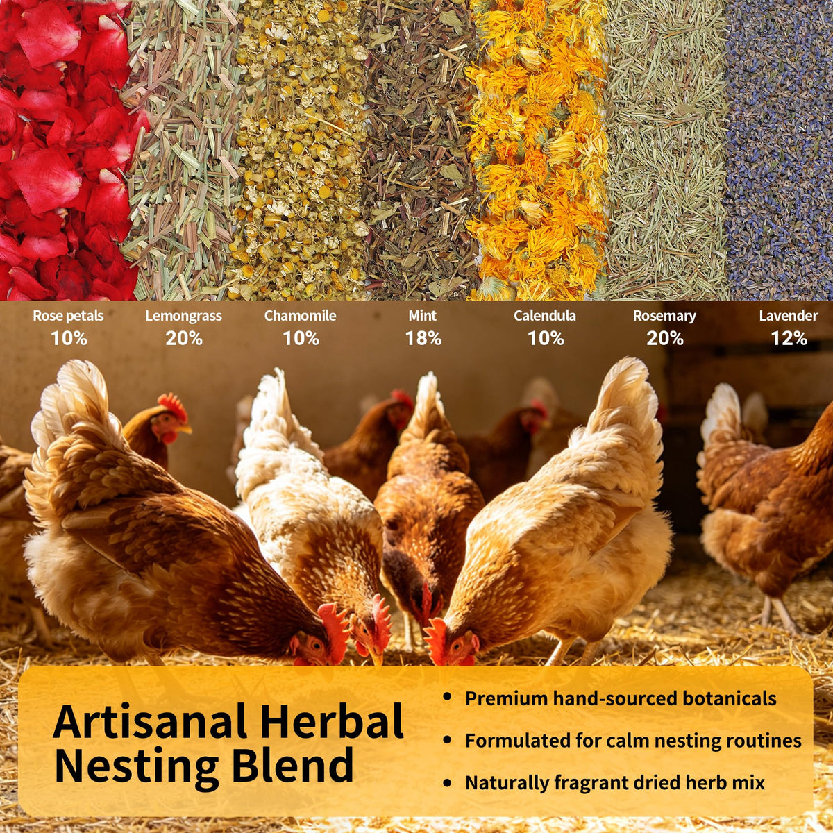 42 oz Chicken Nesting Herbs Flowers Vacuum-Packed,2.6 lb Premixed 7 Dried Herbs Natural Nesting Box Herbs for Freshening Coop Chicken Dust Bath Increase Egg Production