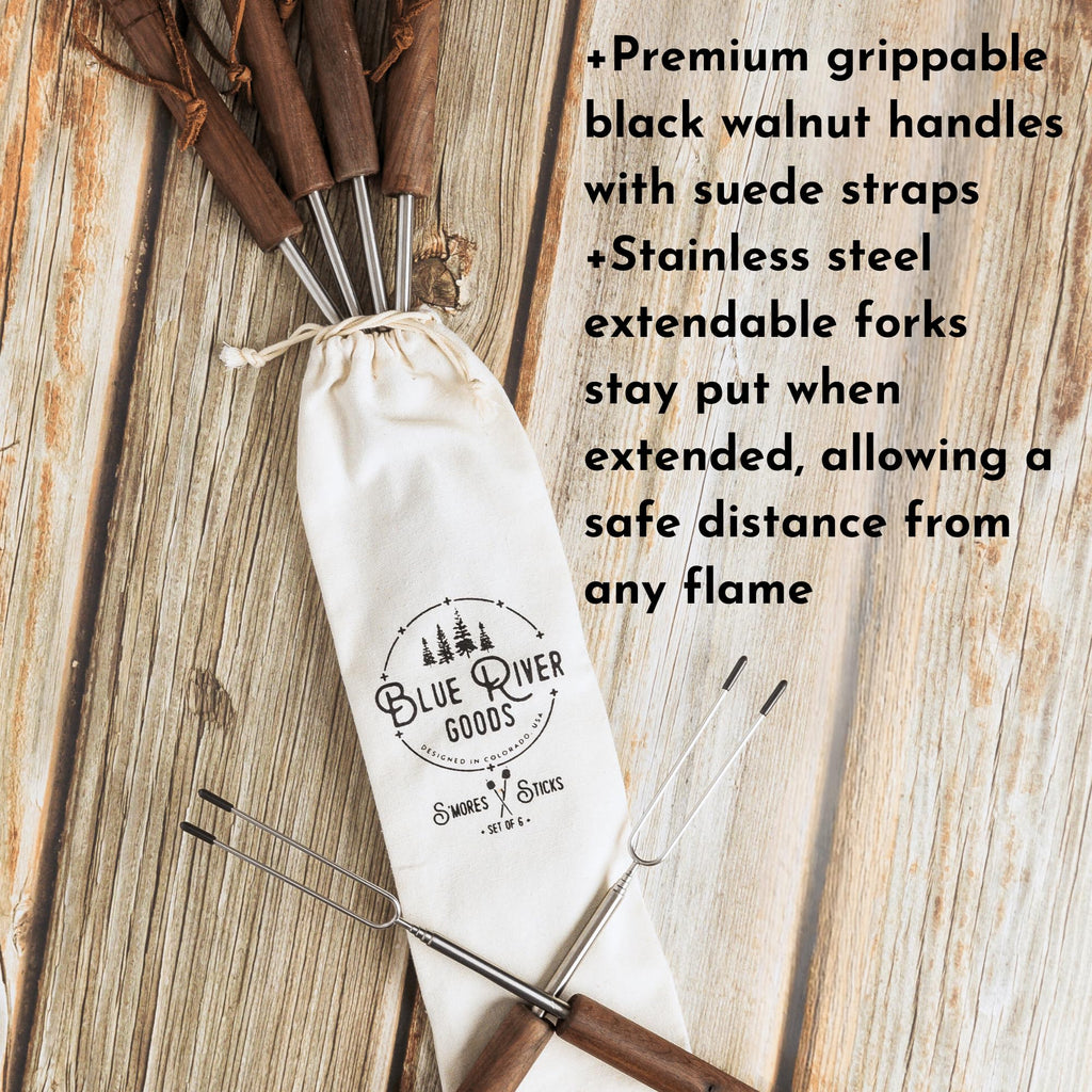 Blue River Goods Smores Sticks | Set of 6 Marshmallow Roasting Sticks | Extendable Stainless Steel w/Walnut Handles | Smore Sticks for Marshmallow Sticks for Fire Pit | Smore Sticks for Fire Pit