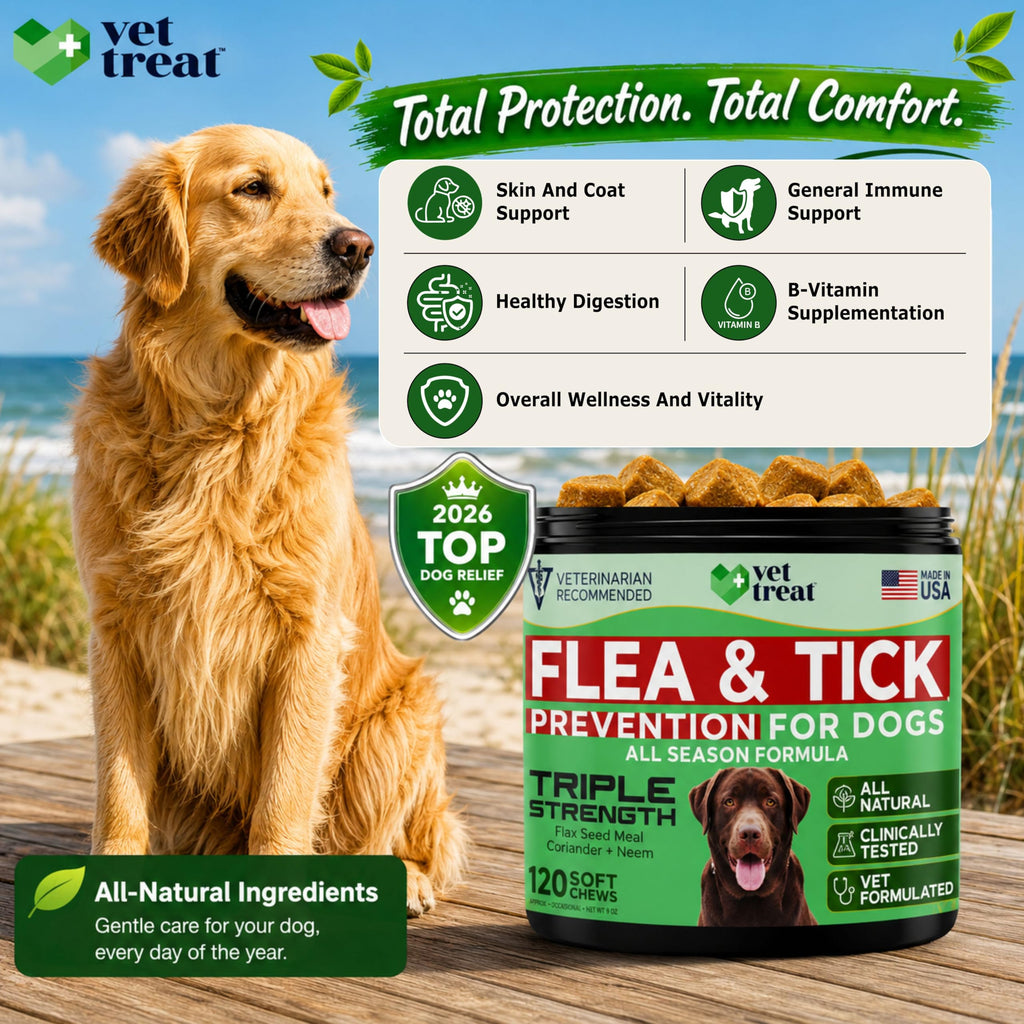 Flea and Tick Prevention for Dogs Chewables -Made in USA- Natural Dog Flea and Tick Treatment - Oral Flea Pills - Vet Recommended Flea and Tick Chews - All Breeds & Sizes - 120 Soft Treats (Chicken)