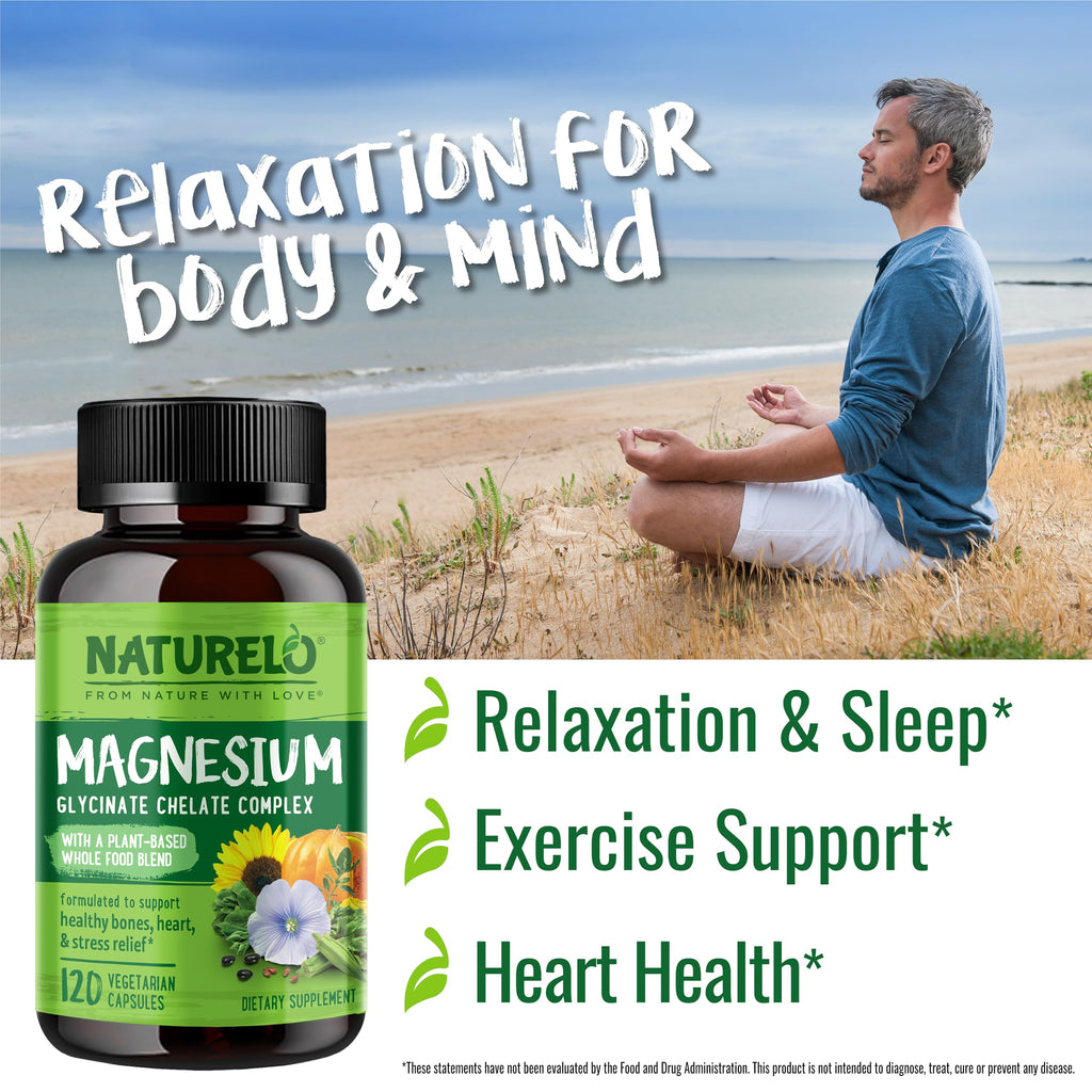 NATURELO Magnesium Glycinate Chelate Complex - 200 mg Magnesium, 120 Count | Support Sleep, Calm, Muscle Cramp & Stress Relief, Gluten Free, Non GMO, with Organic Vegetables