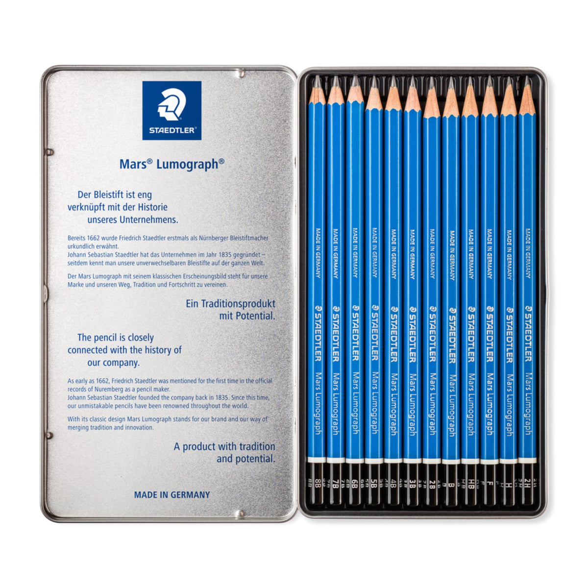 STAEDTLER Mars Lumograph Art Drawing Pencils 12-Piece Gift Set in Metal Tin