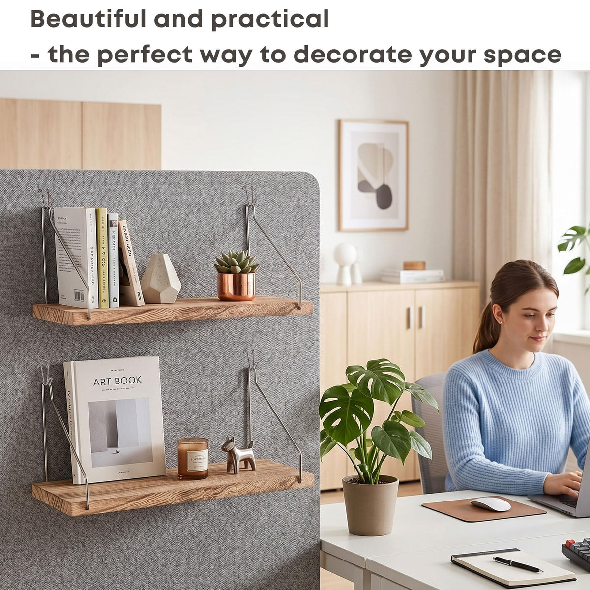 Fabric Wall Cubicle Shelf with Hooks for Work Decor, 11.8' Wooden Cubicle Organizer Storage Shelf with Hangers Cubicle Accessories for Women Men Desk, 2 Pack