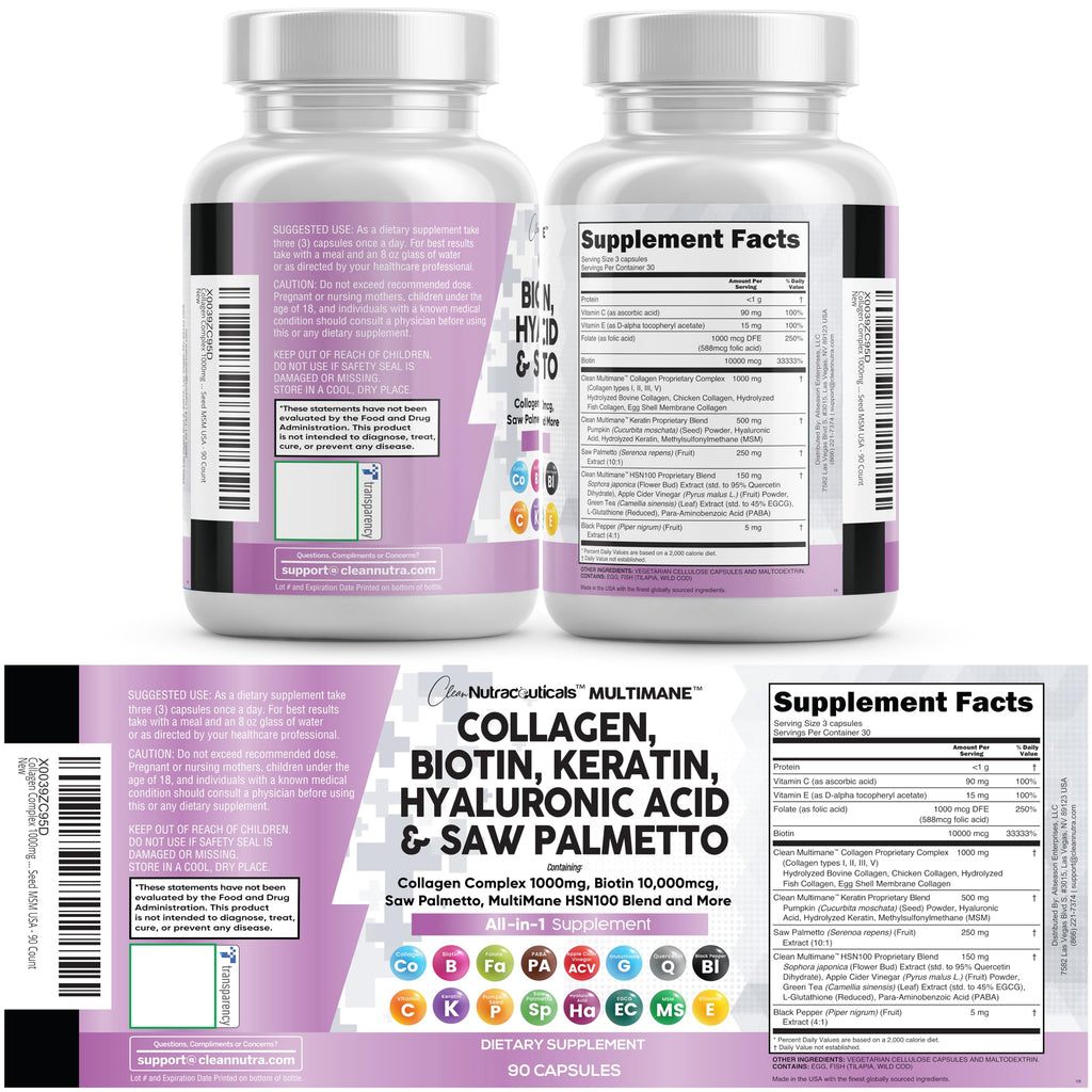 Clean Nutraceuticals Collagen Pills 1000mg Biotin 10000mcg Keratin Saw Palmetto Hyaluronic Acid - Hair Skin & Nails Vitamins & DHT Blocker with Vitamin E Folic Acid Pumpkin Seed MSM - 90 Count
