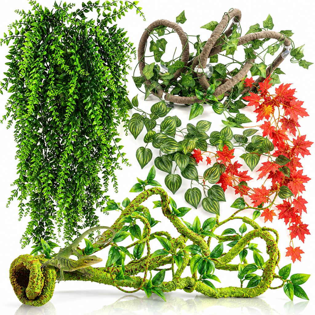 Grddaef Reptile Vines Plants for Terrarium, Flexible Vines Jungle Climbing Branch with Leaves Tank Decor for Snakes Bearded Dragons Geckos Hermit Crabs Lizards Chameleons