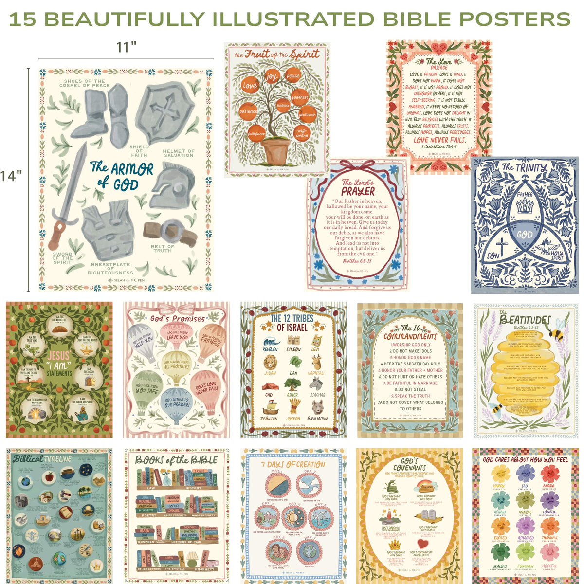 Mr. Pen- Bible Posters, 15pc, Hand Drawn, 14x11 inch, Laminated