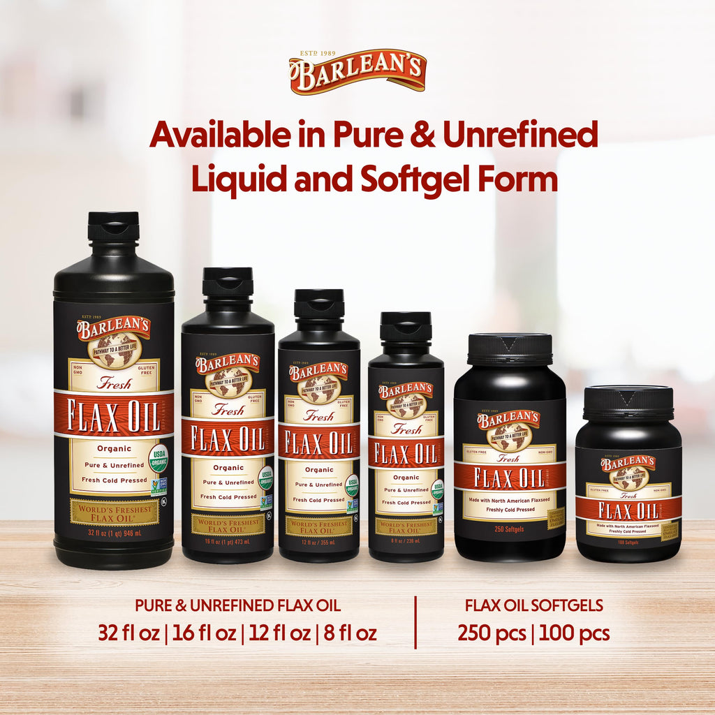 Barlean's Organic Flaxseed Oil, 7640mg ALA Omega-3, Cold-Pressed, 32oz | Fresh cold-pressed flax seeds, ALA omega 3-6-9, Vegan, Non-GMO, Gluten-free, Unrefined, 32 oz value size, Heart & skin