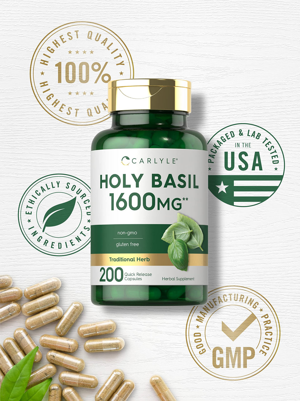 Carlyle Holy Basil Capsules | 200 Count | Tulsi Holy Basil Leaf Extract