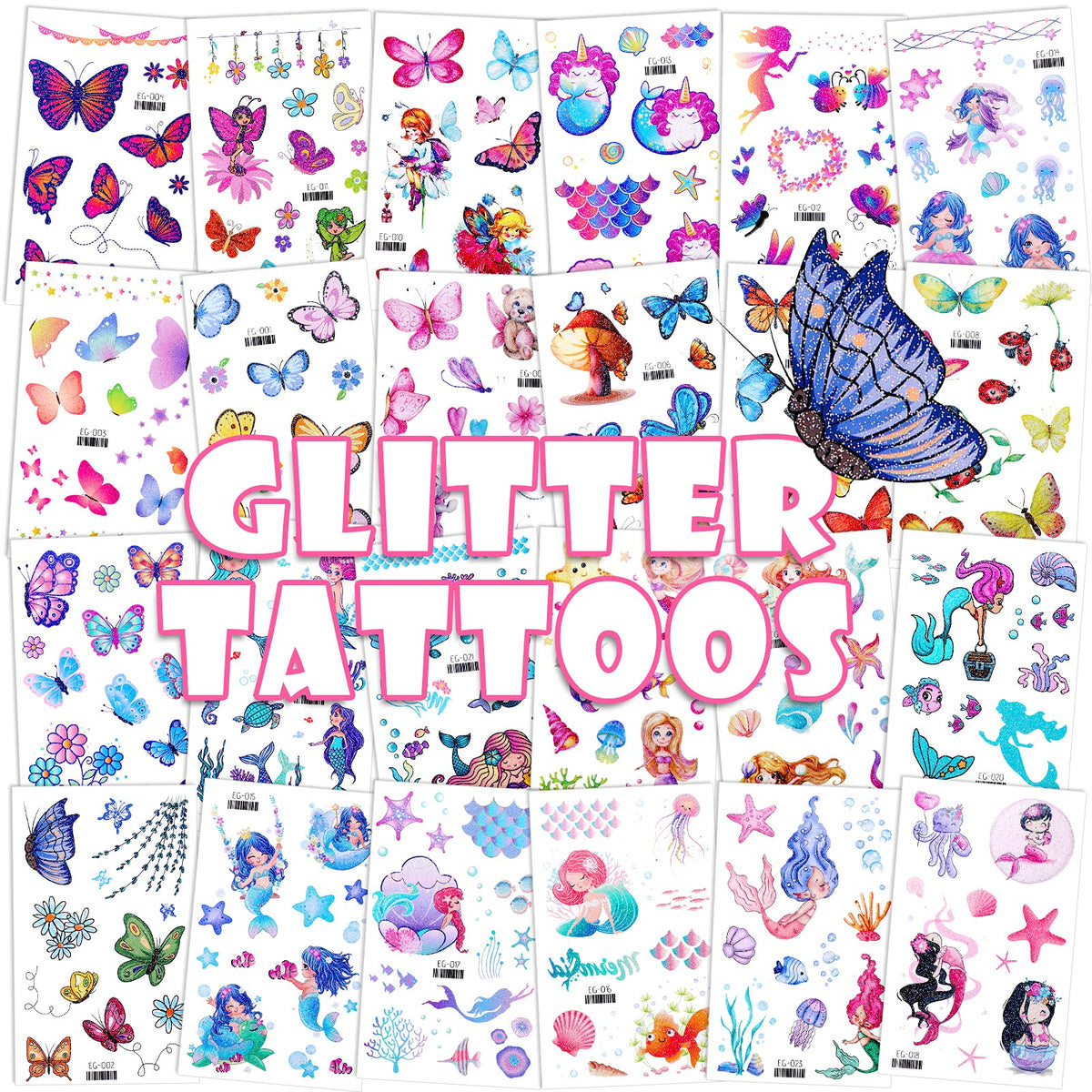 Konsait Glitter Temporary Tattoos for Kids, 24 Sheets Butterfly Mermaid Fairy Flowers Tattoo Stickers, Waterproof Fake Tattoos for Birthday Favors, Goodie Bags Stuffers & Party Accesorries