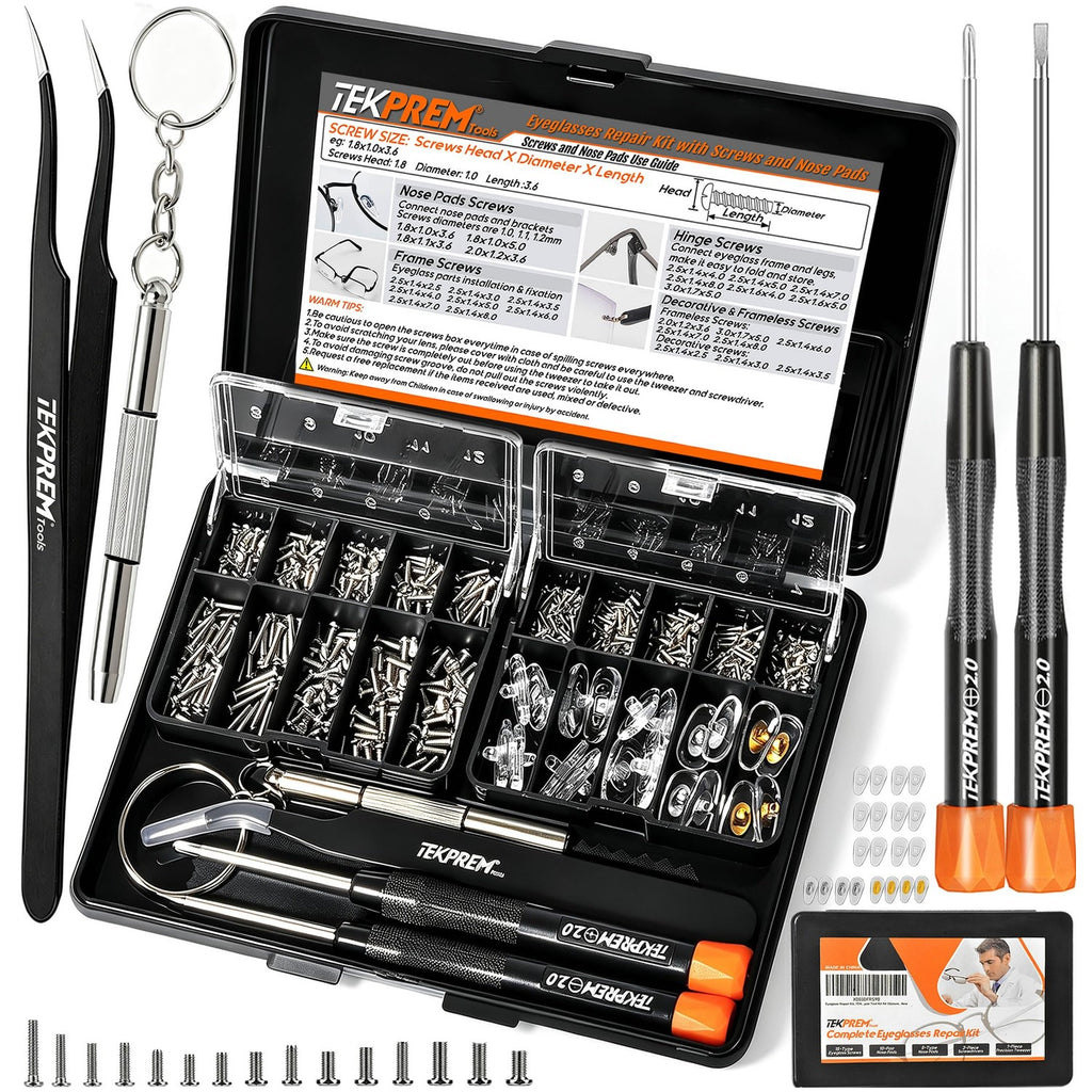 TEKPREM Magnetic Eyeglass Repair Tool Kit, Eye Glasses Repairing Screwdriver Set with Compatible Eyeglass Screws,Silicone Nose Pads,Tweezer,Small Screwdriver for Eyeglasses,Sunglasses and Nose Pads