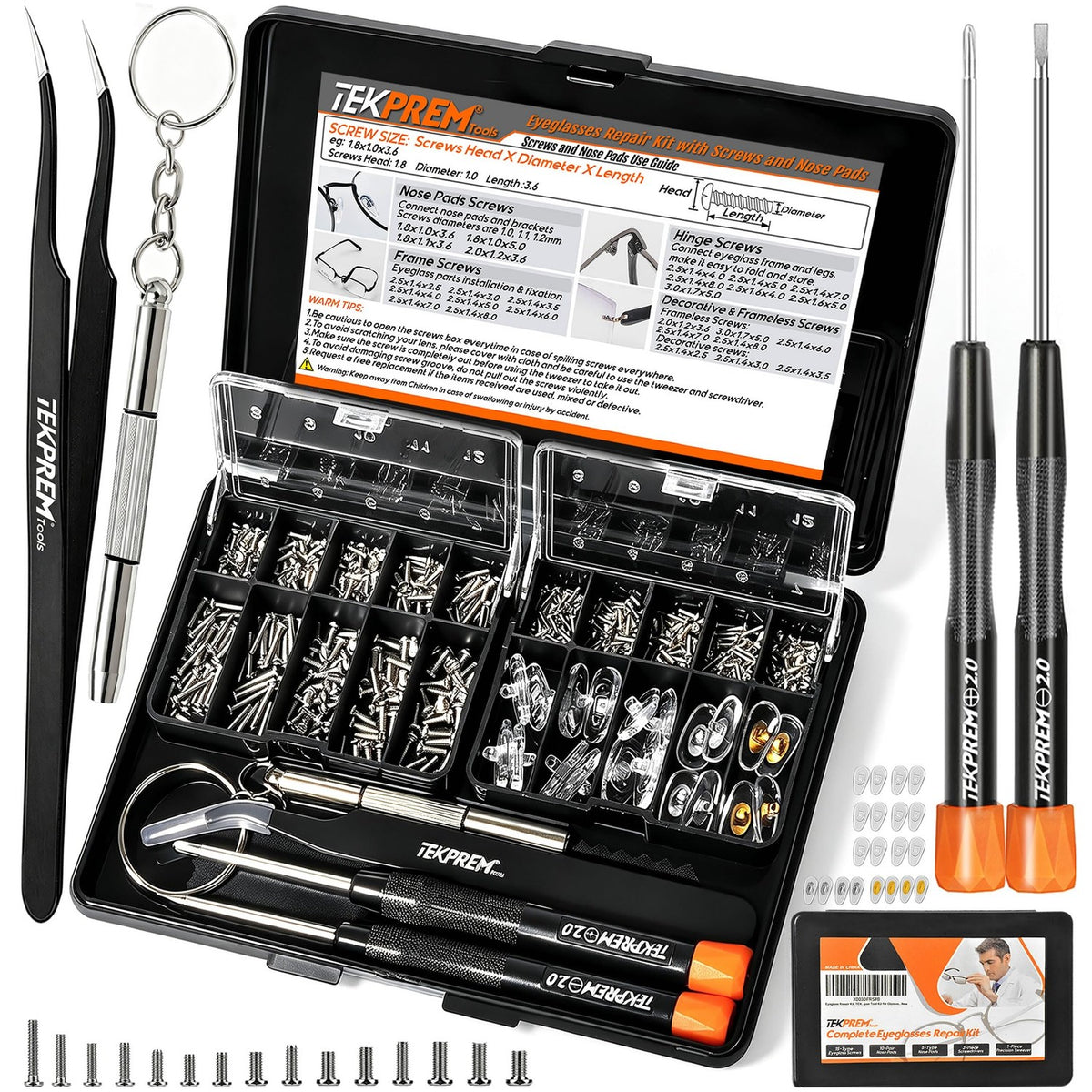 TEKPREM Magnetic Eyeglass Repair Tool Kit, Eye Glasses Repairing Screwdriver Set with Compatible Eyeglass Screws,Silicone Nose Pads,Tweezer,Small Screwdriver for Eyeglasses,Sunglasses and Nose Pads