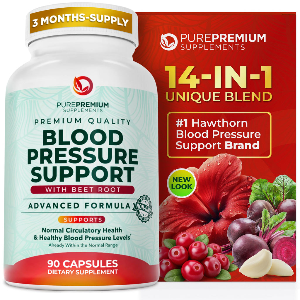 PurePremium Blood Pressure Supplements with Hawthorn Berry, Hibiscus - 90ct | Garlic & Vitamin B12 - Nitric Oxide Supplement for Normal Heart Health, Circulation Health & Blood Pressure Support, USA Made