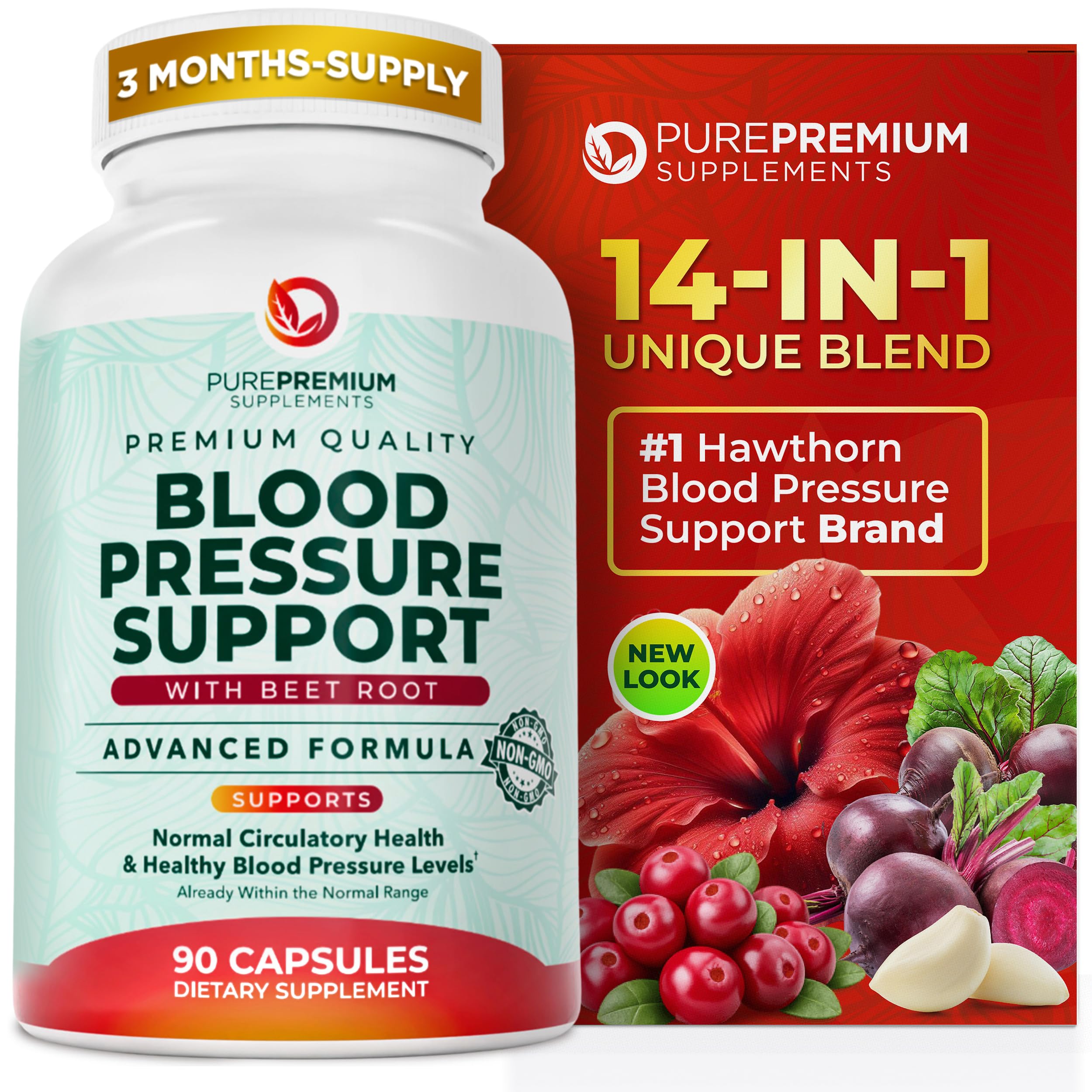 PurePremium Blood Pressure Supplements with Hawthorn Berry, Hibiscus - 90ct | Garlic & Vitamin B12 - Nitric Oxide Supplement for Normal Heart Health, Circulation Health & Blood Pressure Support, USA Made