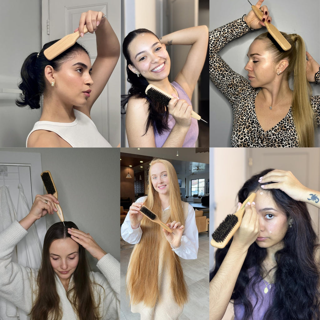 GranNaturals Smoothing & Styling Middle Part Boar Bristle Slick Back Hair Brush w/ Narrow Metal Rat Tail End for Sectioning and Parting Sleek Ponytail Bun - Teasing, Backcombing, Edge Control