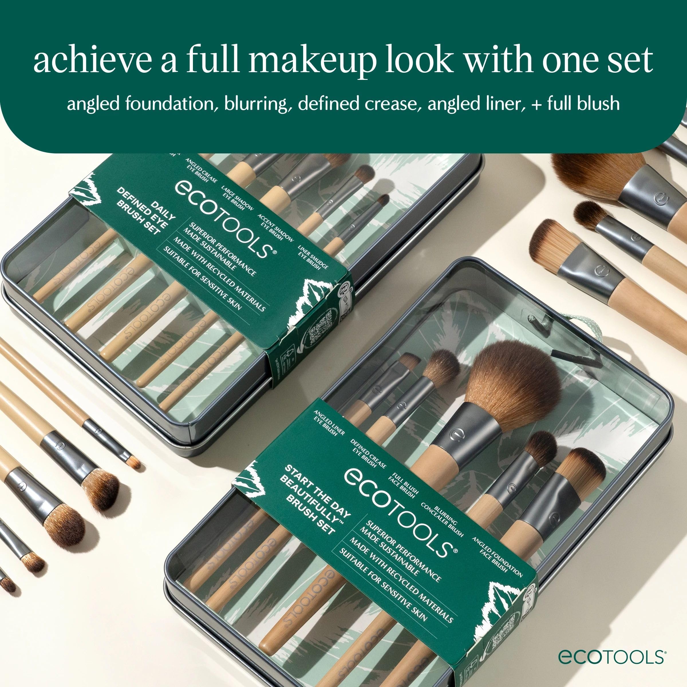 EcoTools 6 Piece Start the Day Beautifully Makeup Brush Set | Natural face and eye look, makeup brush kit for liquid cream or powder, bamboo makeup brushes, storage tin