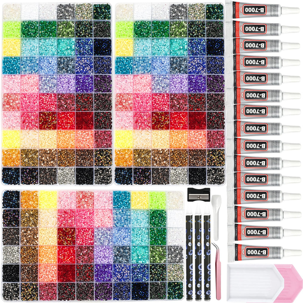 50000+Pcs Rhinestones for Bedazzling Kit 3mm Gems Bedazzler Set | 40 Colors Flat Back Resin Jelly Bedazzled Kits with 3Pcs 10ml B7000 Jewelry Glue for Book Diamond Nail Art, Multicolor