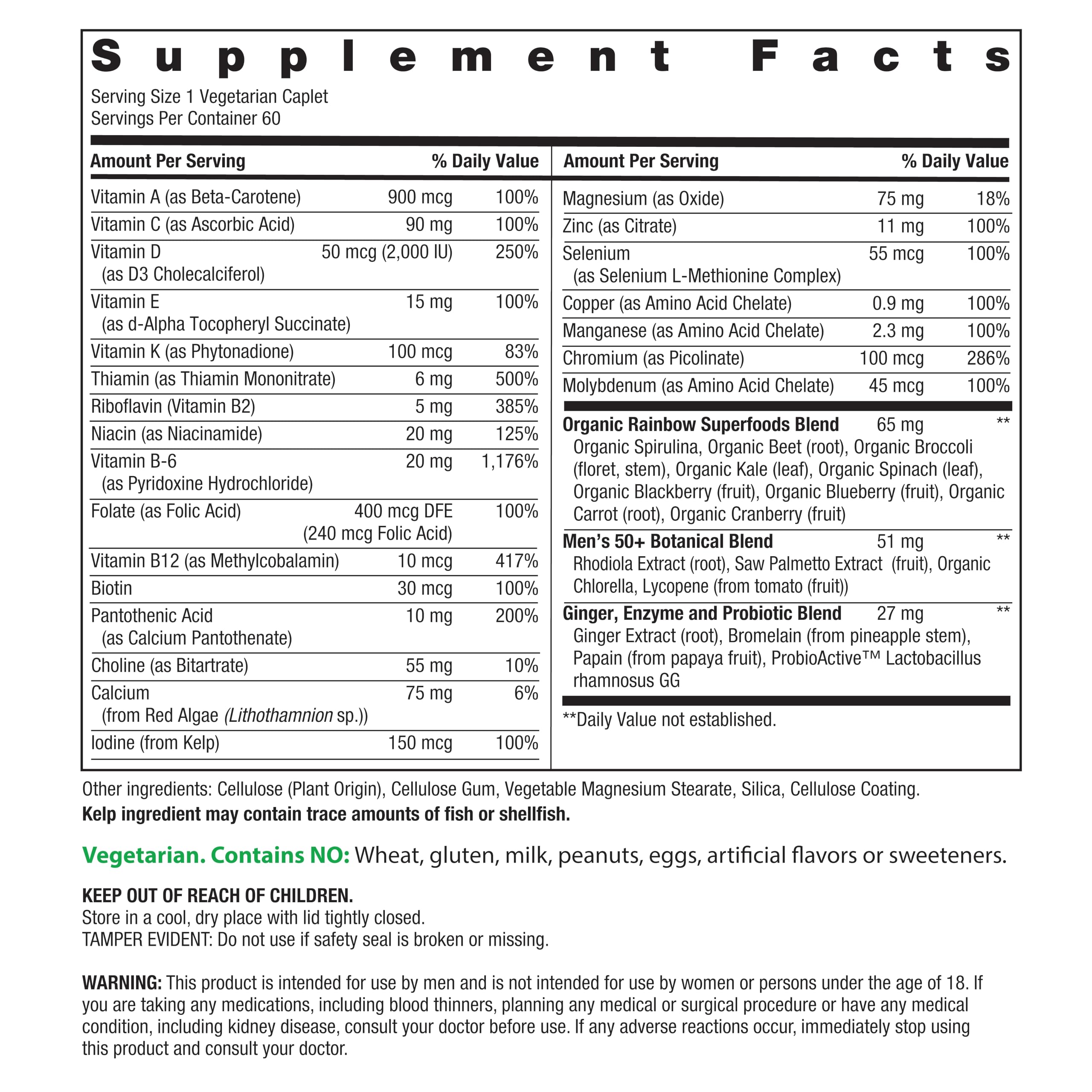 Rainbow Light Mens Multivitamin One + for 50 Plus | 60 Caplets | Supports Muscle Health | with Vitamins C, D, and Zinc | Real Food Nutrients, Digestive Enzymes & Probiotics