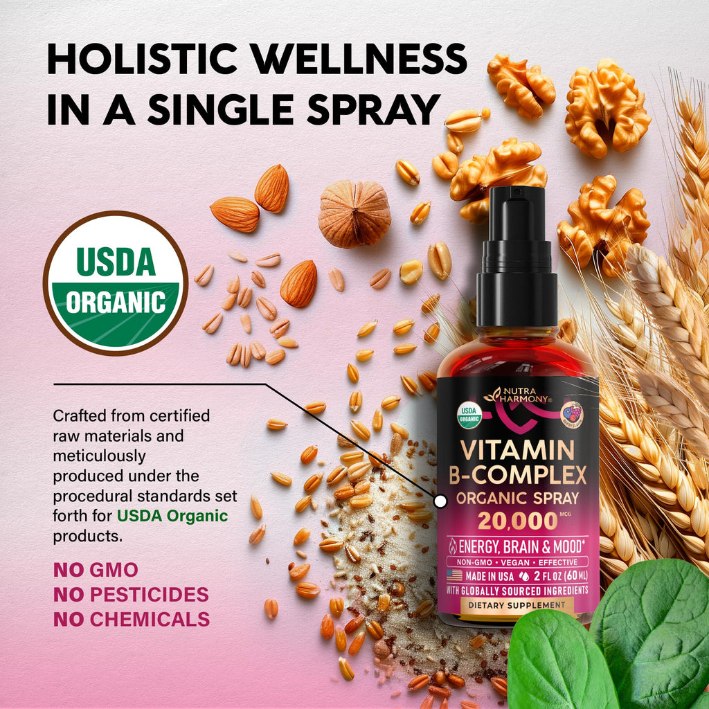 USDA Organic Vitamin B-Complex 20000mcg - B5, B12, B1, B6, B7, B9, B3 - 2Oz