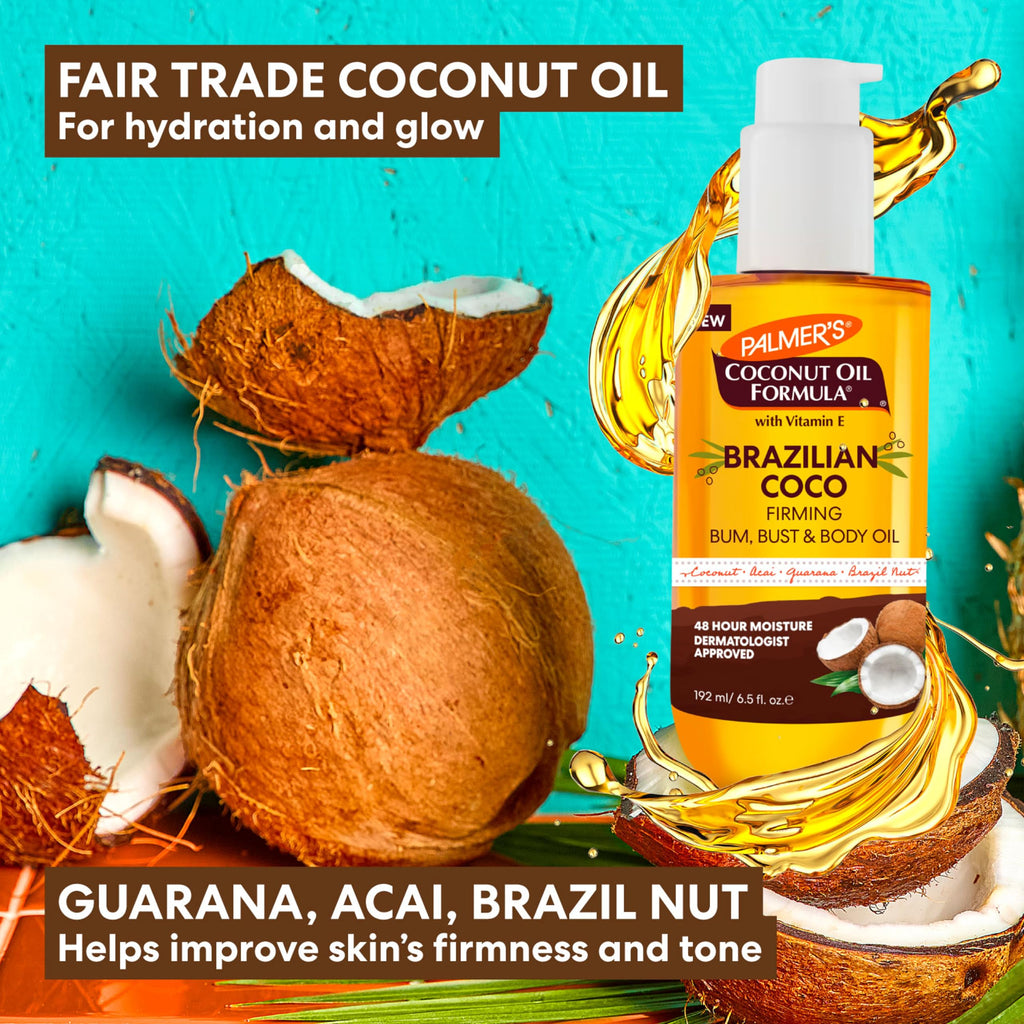 Palmer's Brazilian Cocoa Firming Body Oil, Coconut Oil Formula (6.5 Fl Oz) | Helps with Skin Tightening & Firming of Bum, Bust & Belly with Vitamin E, Provides 48hr Moisture, Dermatologist Approved