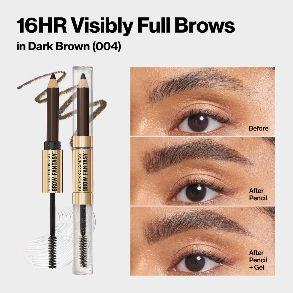 Buy now Revlon ColorStay Brow Fantasy, All In One Eyebrow Powder Pencil with Shaping Clear Gel, Gel Infused with Panthenol, Smudge-proof, 16HR Visibly Full Brows, 004 Dark Brown at indiglob india