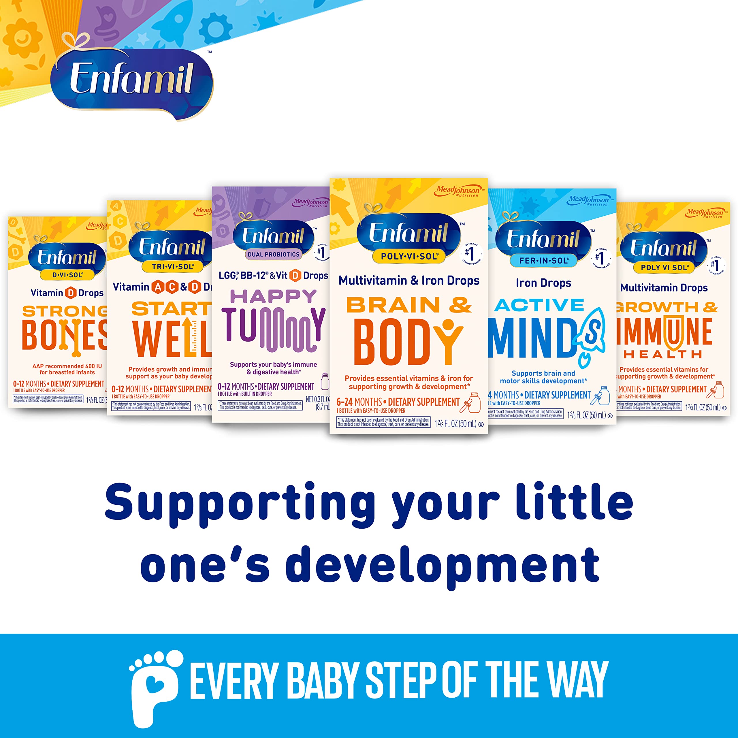 Enfamil Prenatals & Baby Vitamins Poly-Vi-Sol 8 Multi-Vitamins & Iron Supplement Drops for Infants & Toddlers, Supports Growth & Development, 50 mL Dropper Bottle (Pack of 2)