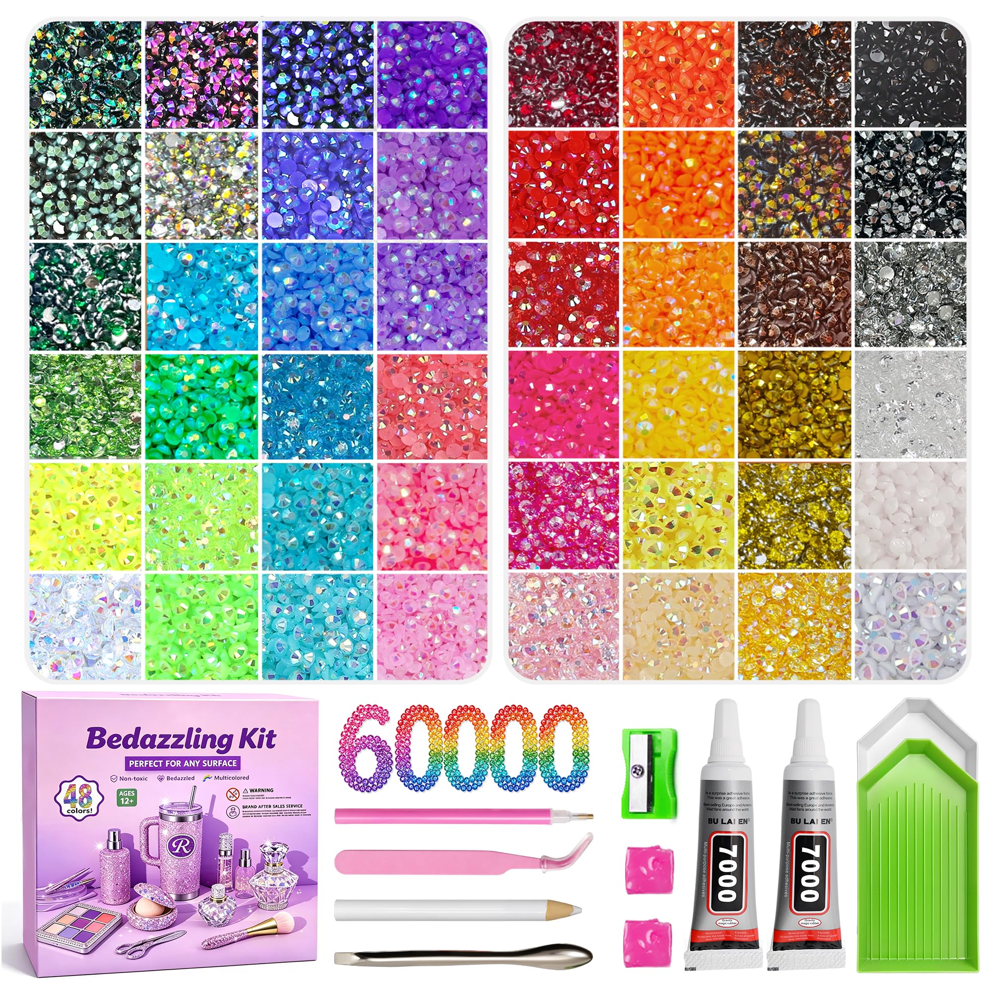 Redtwo 4mm 20000Pcs Bedazzling Kit with Rhinestones | 24 Colors Flatback Rhinestones, 4Pcs 10ml Jewelry Glue and Tools for Clothes, Books, Shoes and Crafts