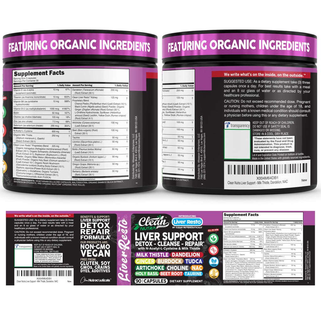 Clean Nutraceuticals Liver Cleanse Detox & Repair | Milk Thistle Supplement + NAC, TUDCA, Dandelion Root, Artichoke, Choline, Ginger, Beet Root, Burdock, Taurine, Liver Support 90 Capsules