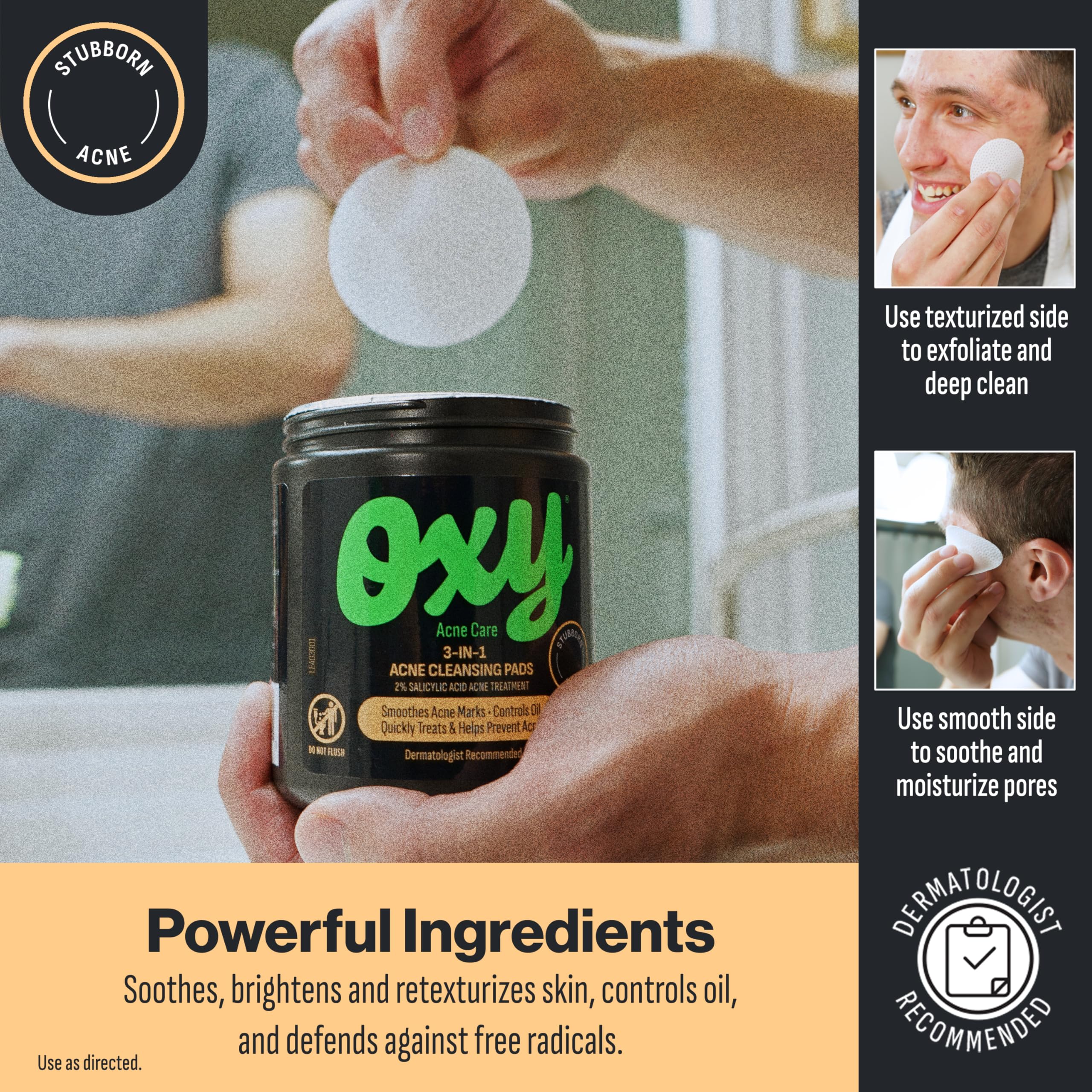 Oxy 3-IN-1 Acne Facial Cleansing Pads, Maximum Strength 2% Salicylic Acid Stubborn Acne Treatment, Controls Oil, Unclogs Pores, Smooths & Brightens Skin, Dermatologist Recommended, 90 Pads