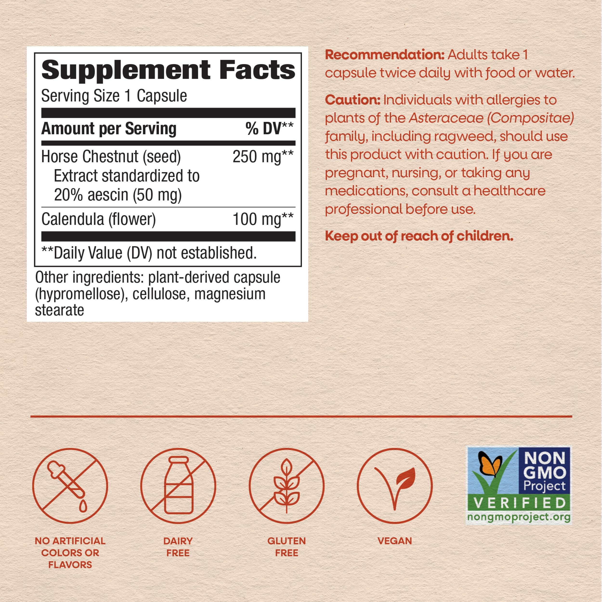 Nature's Way Horse Chestnut Extract, Supports Healthy Leg Veins*, 90 ct | Premium Extract, Standardized to 20% Aescin, Non-GMO Project Verified, Gluten Free, Vegan, 90 Capsules