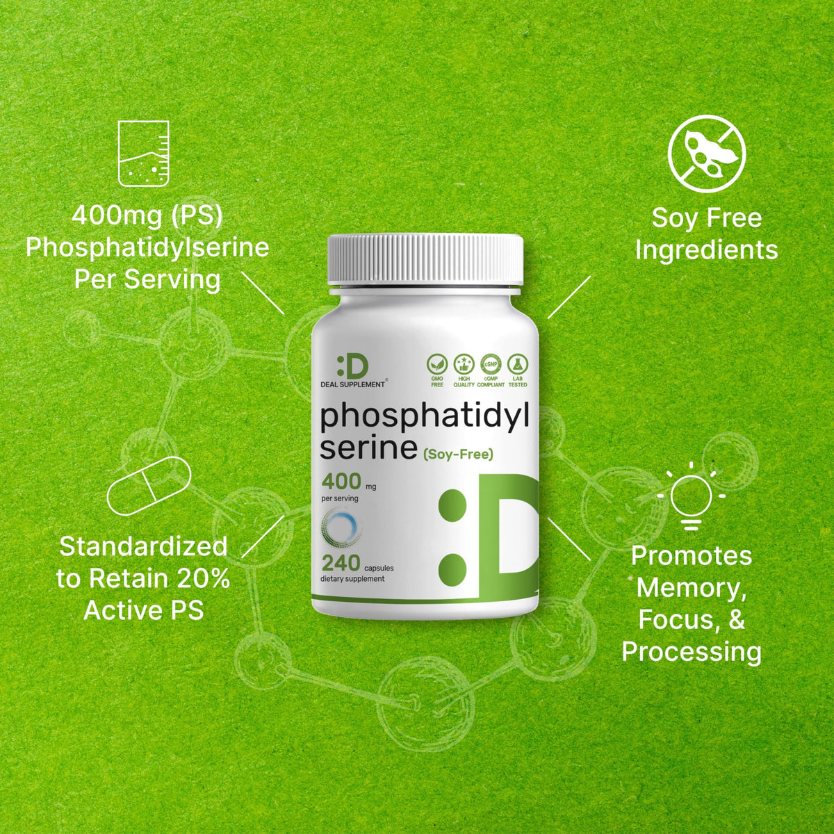 Phosphatidylserine Supplement, 400mg Serving, 240 Capsules – Soy Free Sunflower Lecithin Source