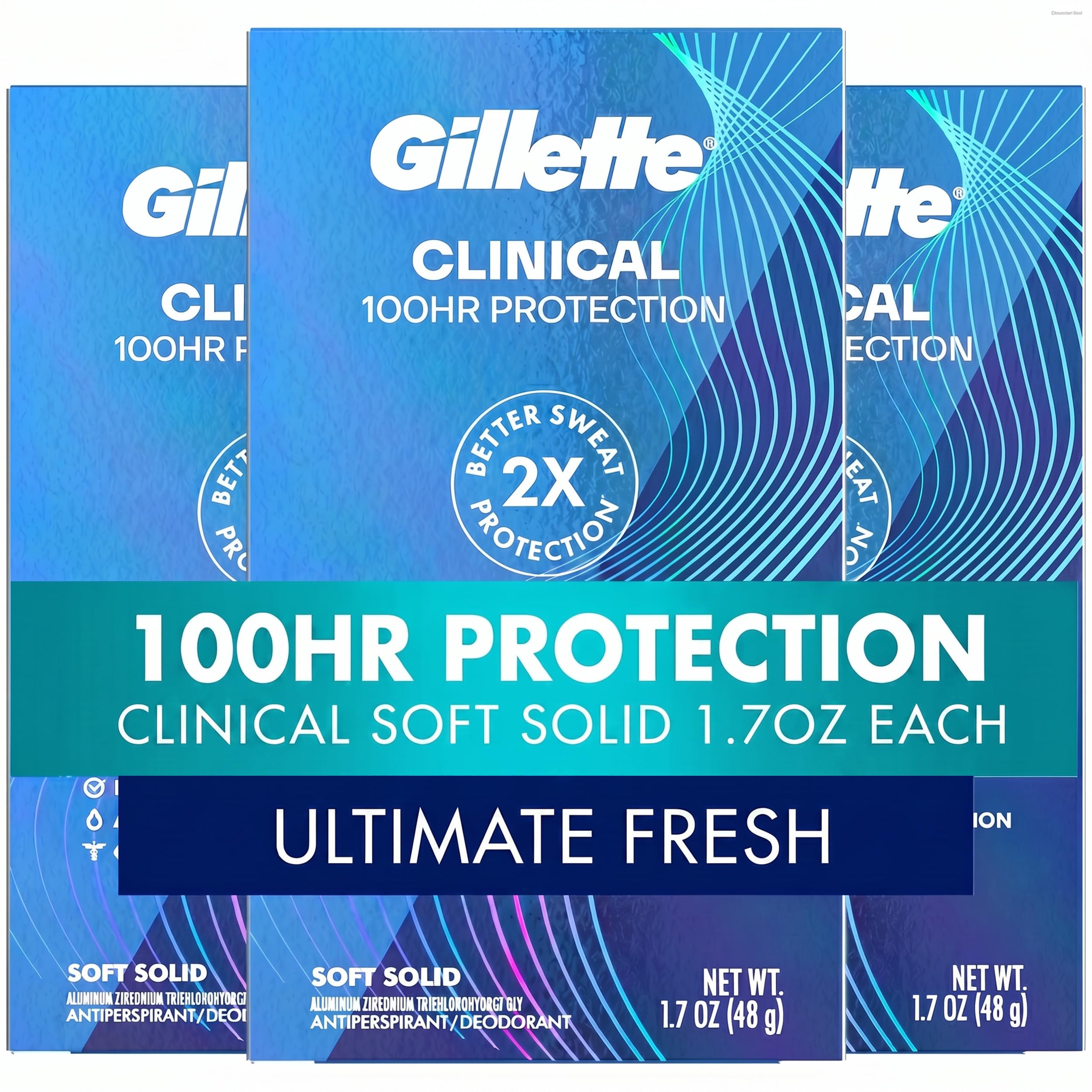 Gillette Clinical Antiperspirant and Deodorant for Men, 100HR Sweat & Odor Protection, Long Lasting Freshness, Anti-White Mark Technology, Soft Solid, Ultimate Fresh Scent, 1.7 oz (Pack of 3)