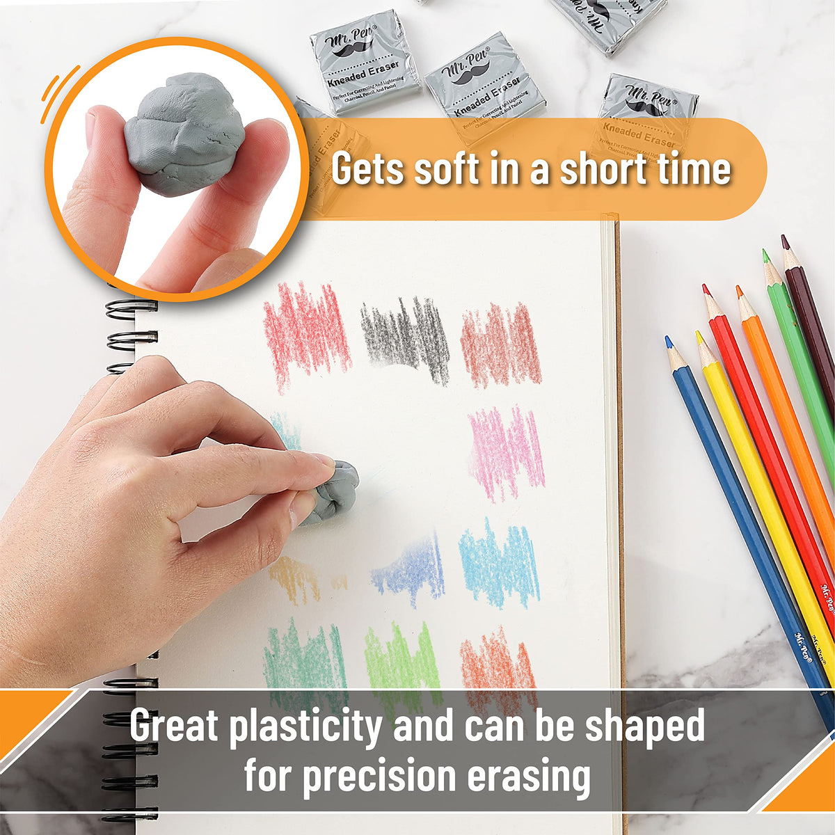 Mr. Pen- Kneaded Erasers, 1.44" x 1.36", 6 Pack, Gray