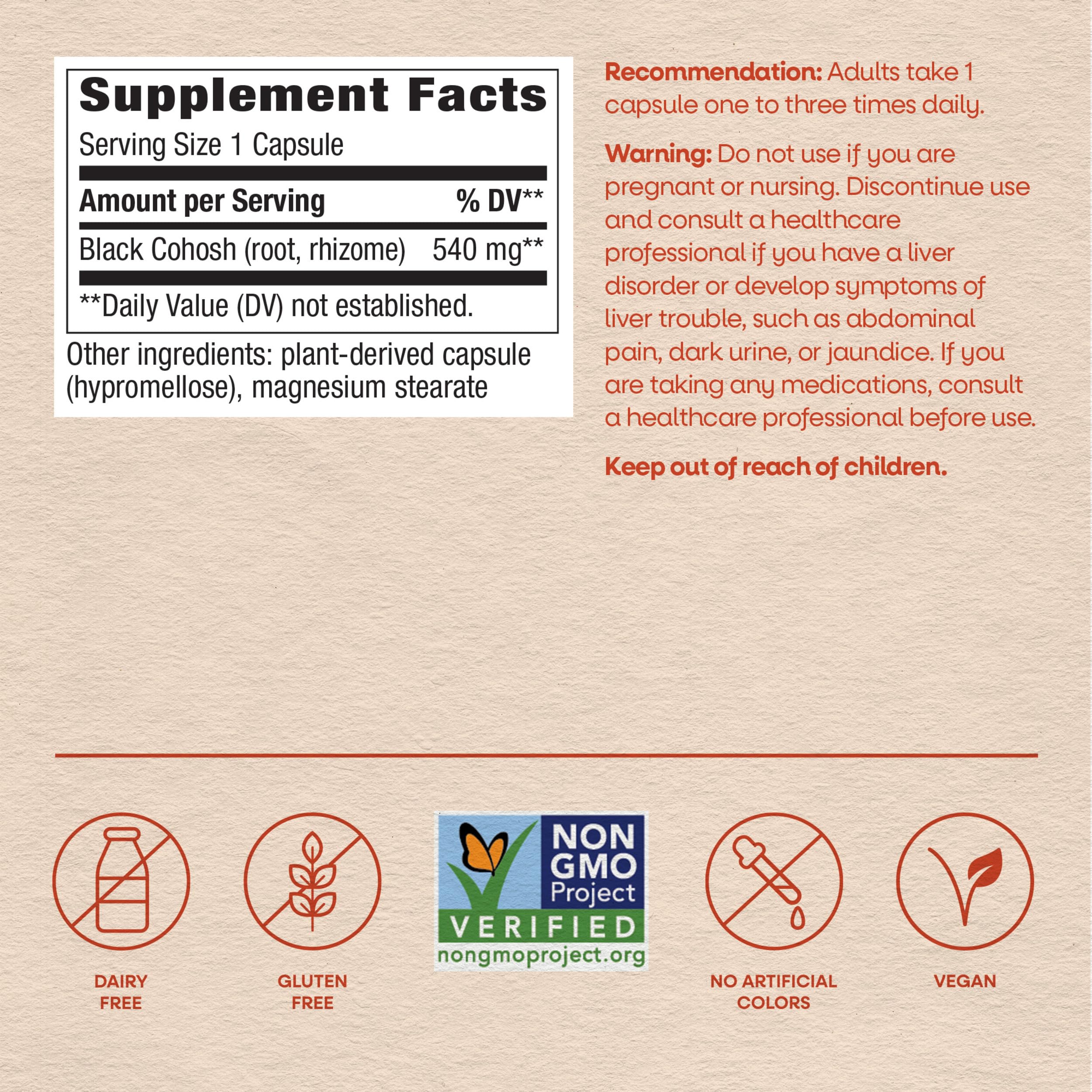 Nature's Way Herbs Black Cohosh Root Capsules, Vegan, 100 Count | Traditional Women’s Herbal Supplement*, Cimicifuga Racemosa Root, Non-GMO Project Verified, Vegan Capsules